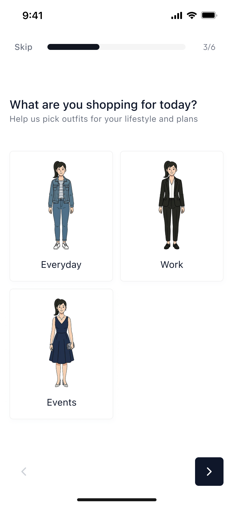 Talla onboarding step 3/6 — What are you shopping for today?